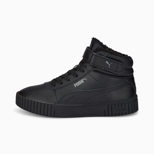 Black PUMA mid-top trainer with faux fur lining and touch-fastening ankle strap.