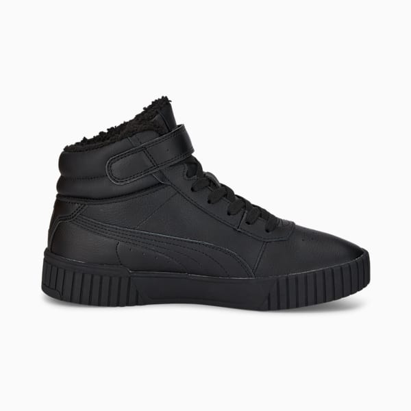 Black PUMA Cali Dream trainers for women, high-top with faux fur lining and strap.