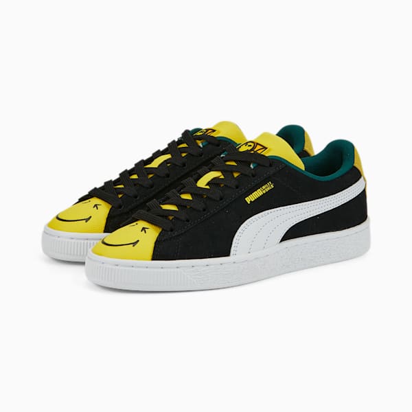 Zapatos deportivos PUMA x SMILEYWORLD de gamuza para niños grandes, Puma Black-Puma White-Vibrant Yellow