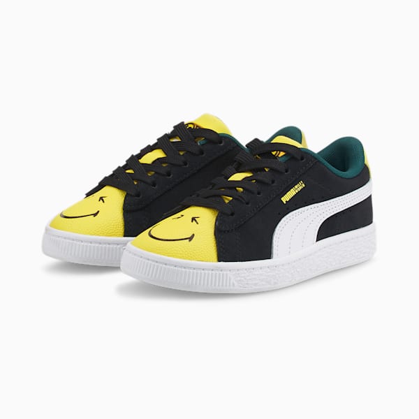 Zapatos deportivos PUMA x SMILEYWORLD de gamuza para niños, Puma Black-Puma White-Vibrant Yellow