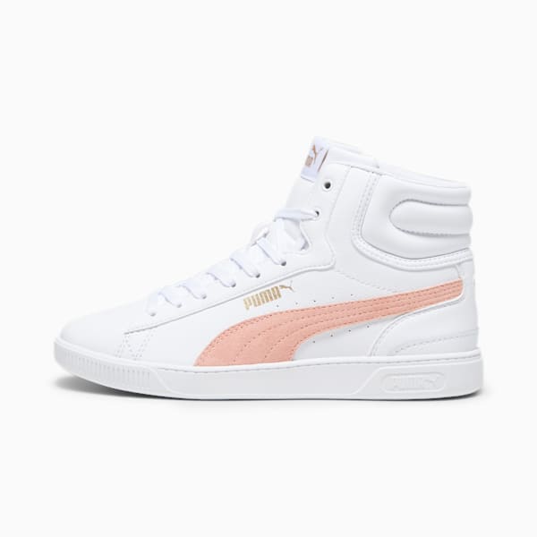 Vikky v3 Mid Leather Women's Sneakers, PUMA White-Poppy Pink-PUMA Gold, extralarge-IND