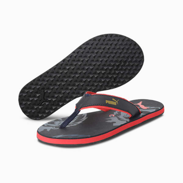 PUMA x Royal Challengers Bangalore Unisex Fanwear Flip Flops, Dark Denim-Flame Scarlet-Navy Blazer-Puma Team Gold, extralarge-IND