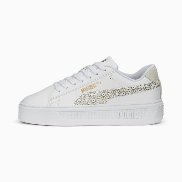 Smash Platform V3 Laser Cut Women's Sneakers, PUMA White-Pristine-PUMA Gold, extralarge-IND