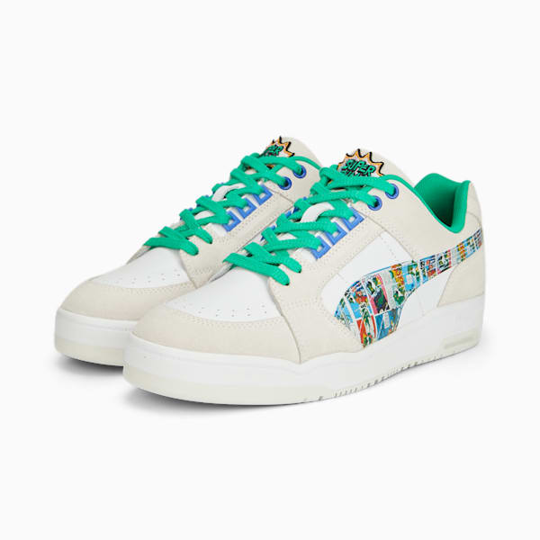 Slipstream Lo Super Comic Unisex Sneakers, PUMA White-Grassy Green-Vapor Gray, extralarge-IND