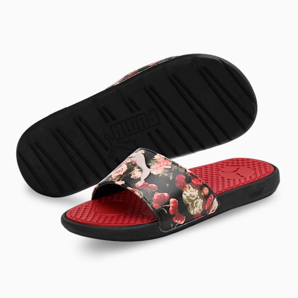 Cool Cat Flower Women's Slides, Puma Black-Red Dahlia-Island Pink, extralarge-IND