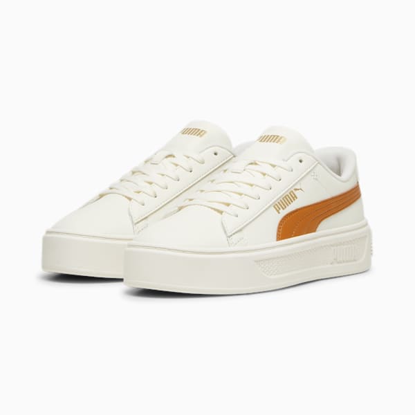 ウィメンズ スマッシュ プラットフォーム V3 スニーカー, Warm White-Caramel Latte-PUMA Gold, extralarge-JPN