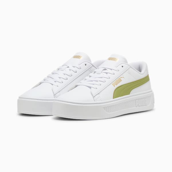 ウィメンズ スマッシュ プラットフォーム V3 スニーカー, PUMA White-Calming Green-PUMA Gold, extralarge-JPN