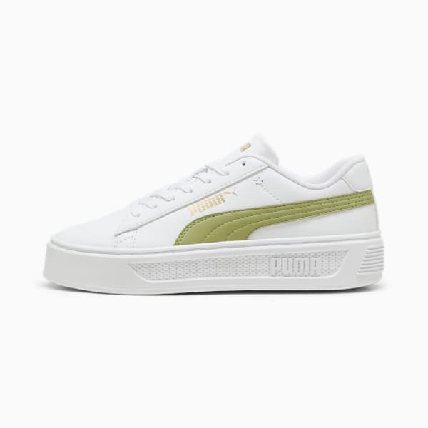 ウィメンズ スマッシュ プラットフォーム V3 スニーカー, PUMA White-Calming Green-PUMA Gold, extralarge-JPN