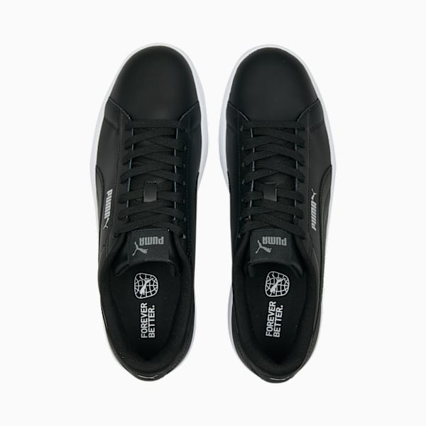 Black PUMA trainers with lace-up closure and white sole, top-down view.