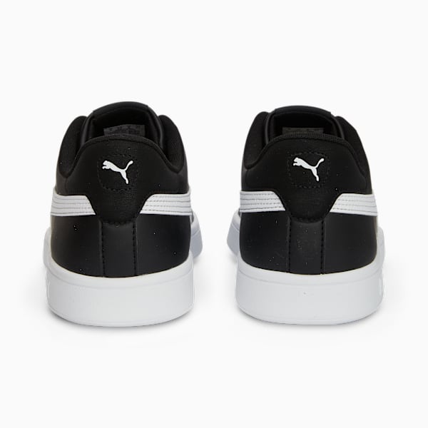 Rear view of black PUMA trainers featuring a white side stripe and logo.