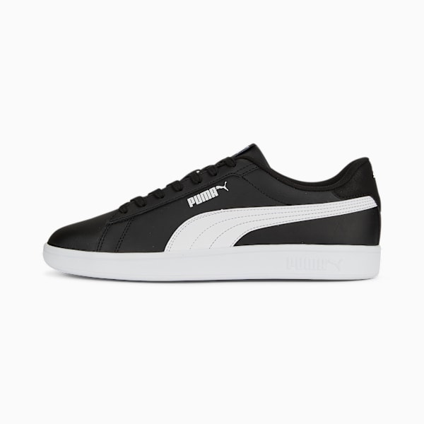 Black PUMA trainer with white logo stripe and white sole for adults.