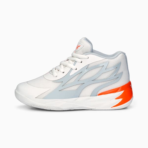 Zapatos de básquetbol PUMA x LAMELO BALL MB.02 Gorangé para niños pequeños, Platinum Gray-Ultra Orange