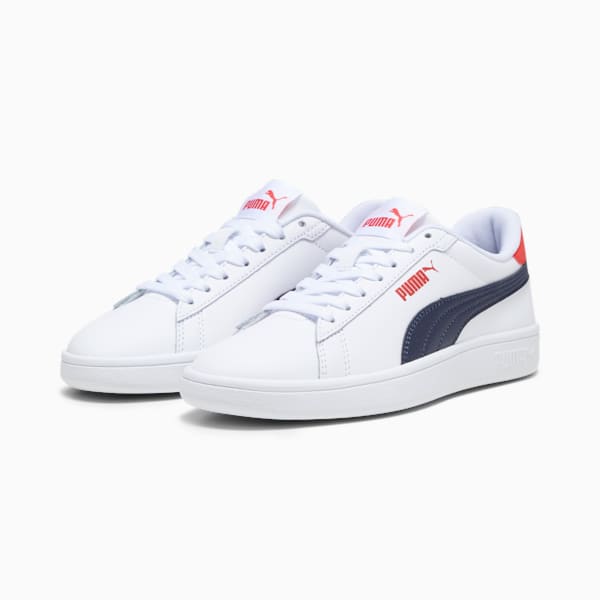 Smash 3.0 Leather Big Kids' Sneakers, PUMA White-PUMA Navy-For All Time Red, extralarge