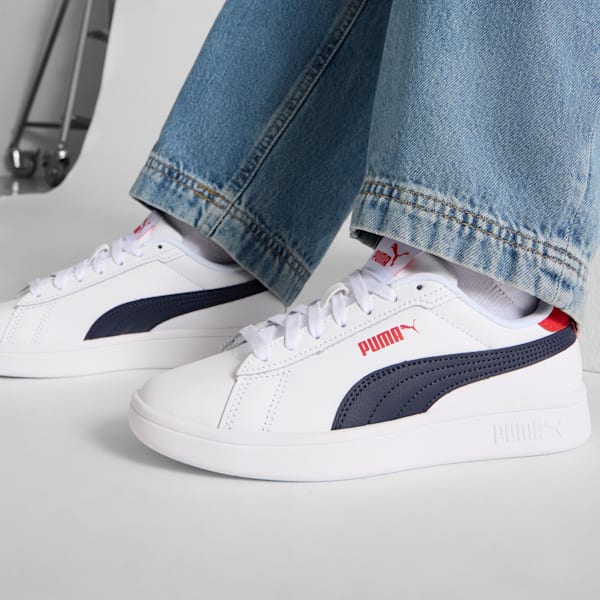Smash 3.0 Leather Big Kids' Sneakers, PUMA White-PUMA Navy-For All Time Red, extralarge