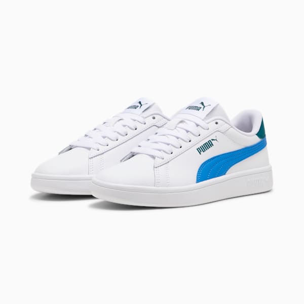 Smash 3.0 Leather Big Kids' Sneakers, PUMA White-Hyperlink Blue-Cold Green, extralarge