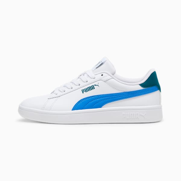 Smash 3.0 Leather Big Kids' Sneakers, PUMA White-Hyperlink Blue-Cold Green, extralarge