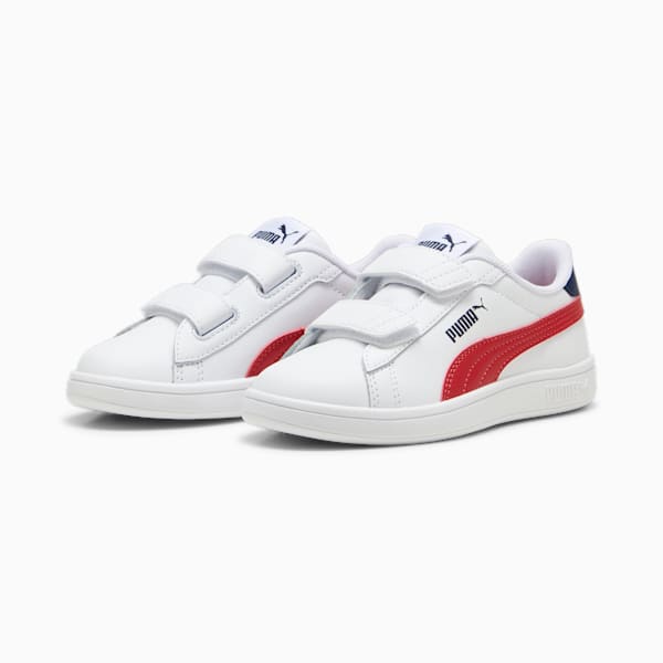 Smash 3.0 Leather V Little Kids' Sneakers, PUMA White-Club Red-Club Navy, extralarge