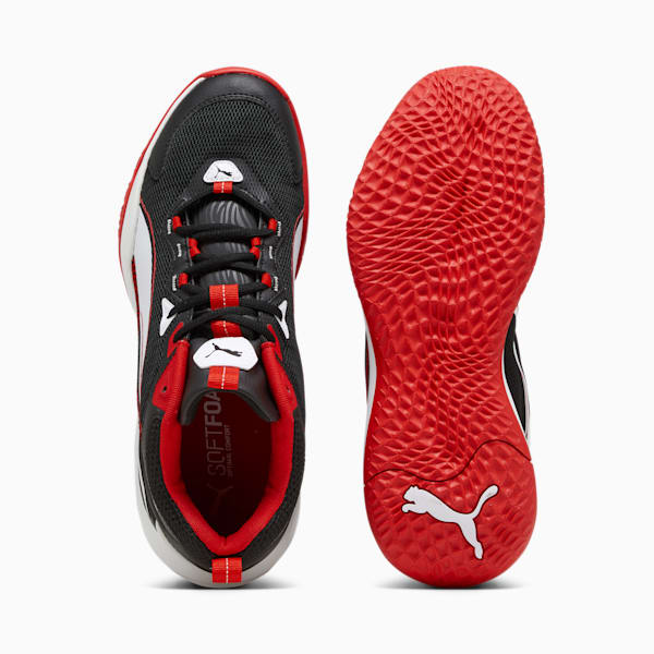 Red and black puma shoes top