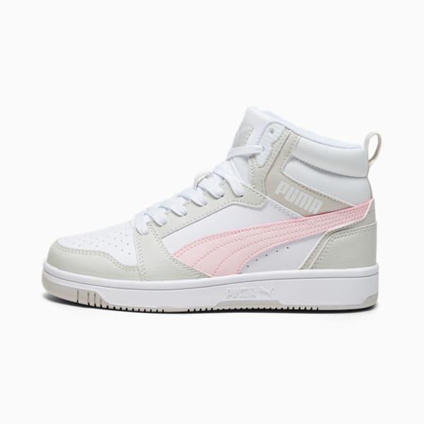 Chaussures Rebound V6 Enfant et Adolescent, PUMA White-Frosty Pink-Sedate Gray, extralarge