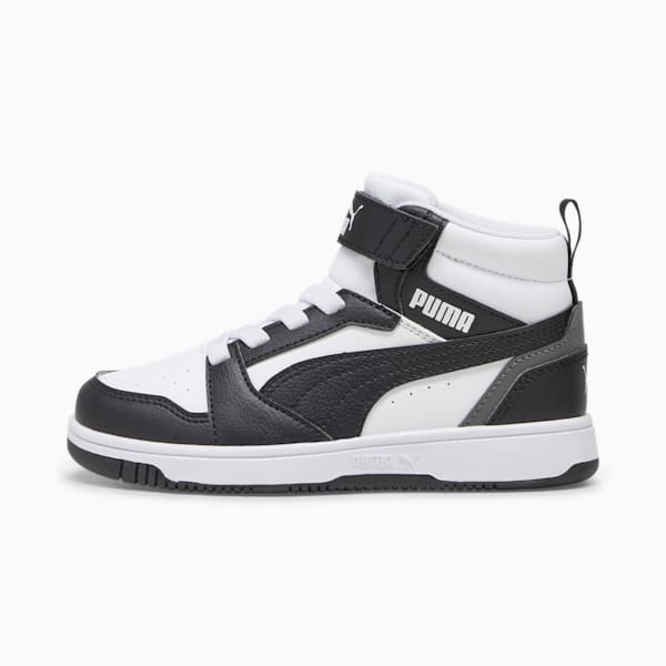 Tenis Rebound V6 Mid para niños, PUMA White-PUMA Black-Shadow Gray, extralarge