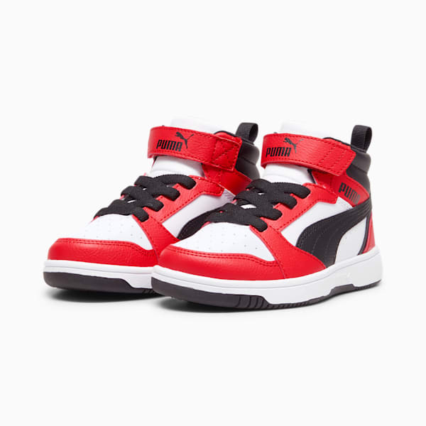 Tenis Rebound V6 Mid para niños, PUMA White-PUMA Black-For All Time Red, extralarge