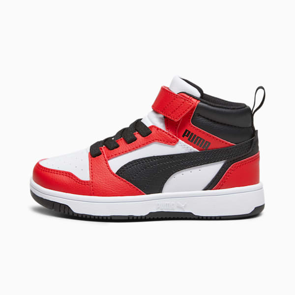 Tenis Rebound V6 Mid para niños, PUMA White-PUMA Black-For All Time Red, extralarge