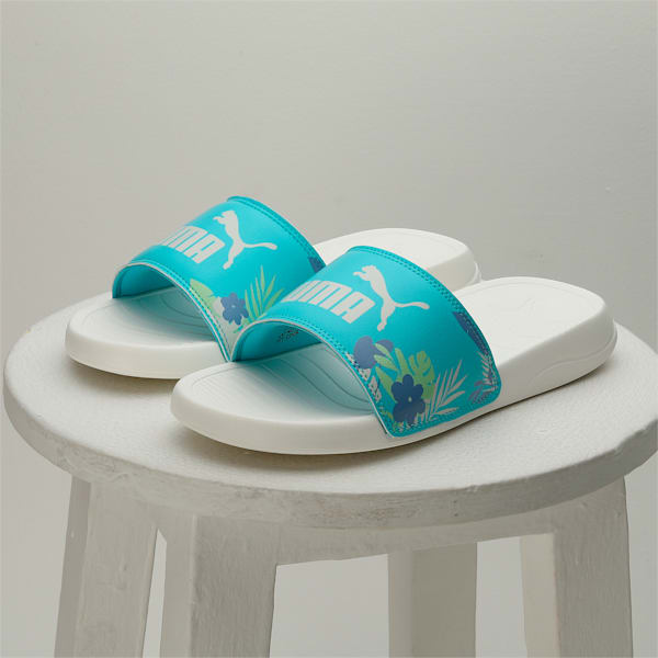 Popcat 20 Women's Floral Slides, Warm White-Team Aqua-PUMA White, extralarge-IND