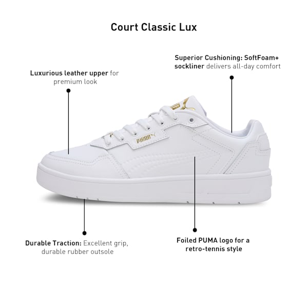 Court Classic Lux Unisex Sneakers, PUMA White-PUMA Gold, extralarge-IND