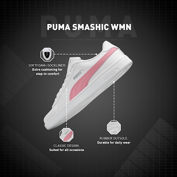 Smashic Women's Soft Suede Sneakers, PUMA White-Peony-Matte Silver, extralarge-IND