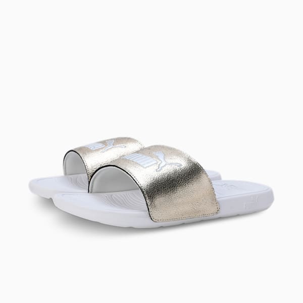 Cool Cat 2.0 Metallic Shine Men's Slides, PUMA Gold-PUMA Silver-PUMA White, extralarge-AUS