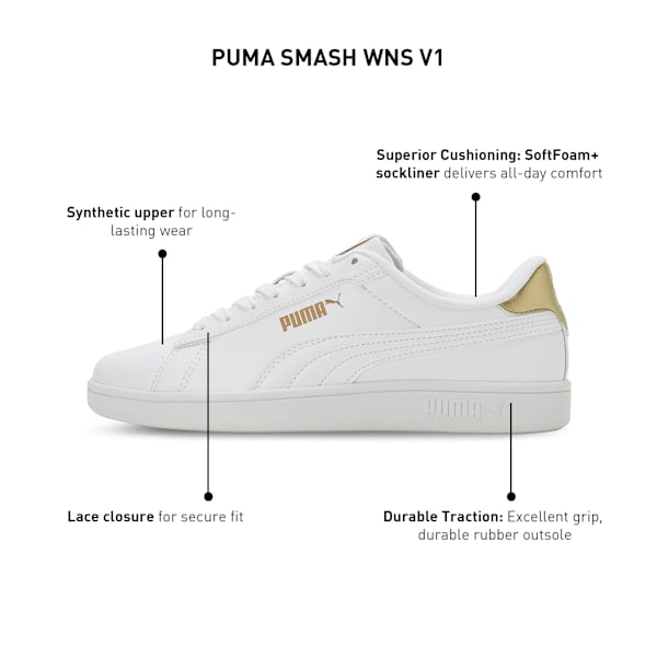 PUMA SMASH V1 Women's Sneakers, PUMA White-Metallic Gold, extralarge-IND