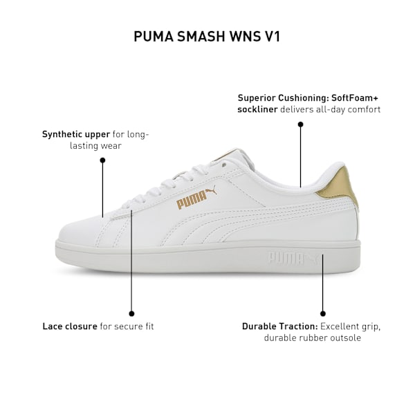 SMASH V1 Women's Sneakers, PUMA White-Metallic Gold, extralarge-IND