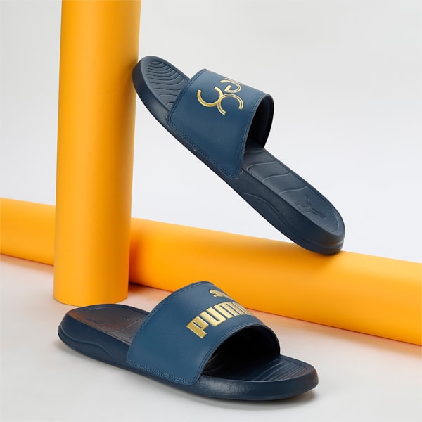 PUMA x one8 Popcat 20 Unisex Slides, Dark Denim-Puma Team Gold, extralarge-IND