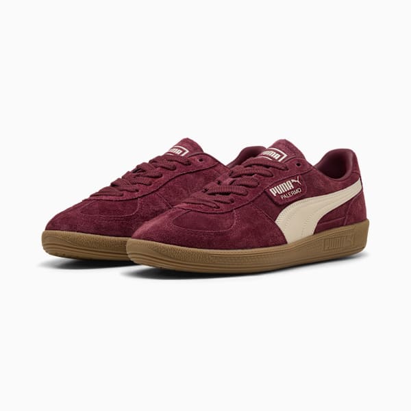 Burgundy PUMA Palermo trainers with suede upper and light brown sole for adults.