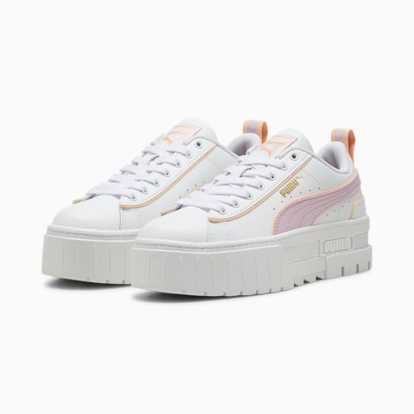 Mayze Leather Piping Big Kids' Sneakers, PUMA White-Grape Mist-Peach Fizz, extralarge