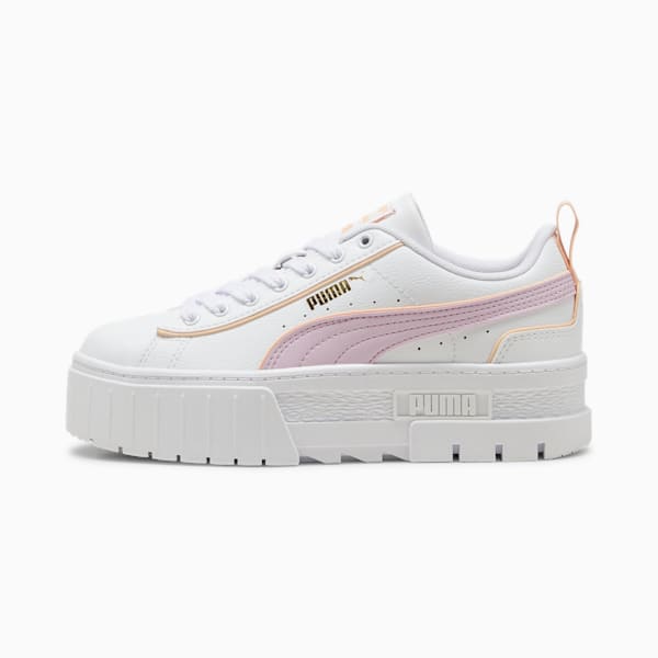 Mayze Leather Piping Big Kids' Sneakers, PUMA White-Grape Mist-Peach Fizz, extralarge