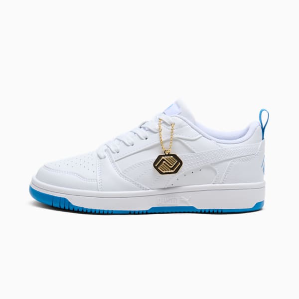 Tenis de cuello bajo para niños grandes Rebound V6 Boys and Girls Club, PUMA White-Cloisonne-Puma Team Gold, extralarge