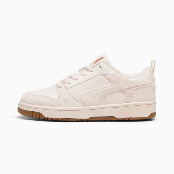 Pink PUMA Palemo women's trainers with leather and suede upper and brown rubber sole.