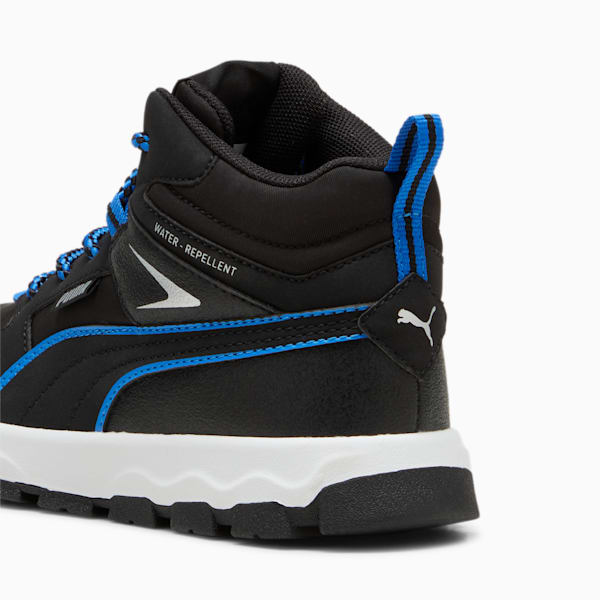 Black PUMA boot for adults, featuring blue accents and a water-repellent design.