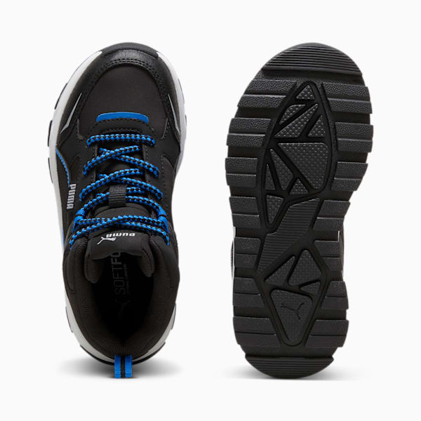 Black PUMA trainer showing blue laces and patterned black sole, for general wear.