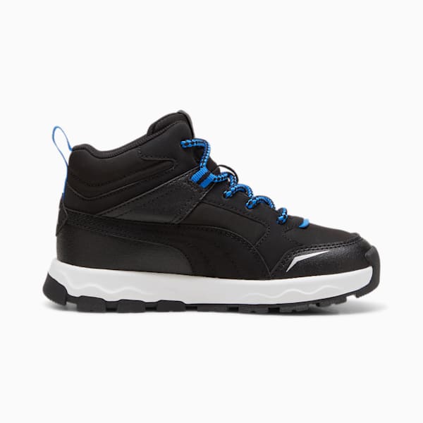 Black PUMA child's boot with blue laces and a chunky white and black sole.