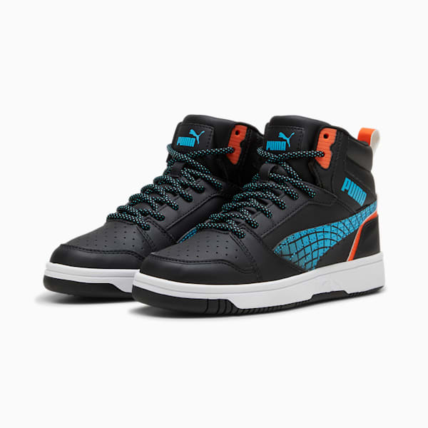 Rebound V6 Mid Techie Bud Sneakers Youth, PUMA Black-Flame Flicker-PUMA White, extralarge