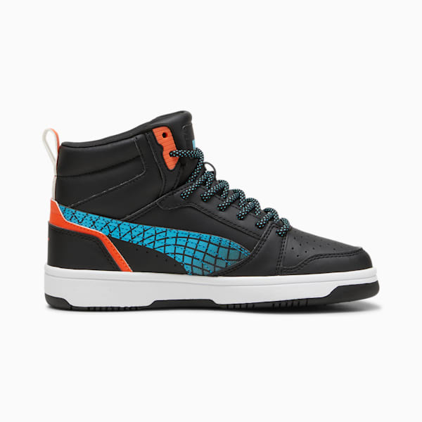 Rebound V6 Mid Techie Bud Sneakers Youth, PUMA Black-Flame Flicker-PUMA White, extralarge