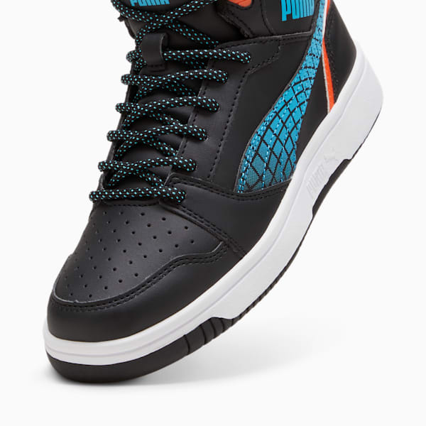 Rebound V6 Mid Techie Bud Sneakers Youth, PUMA Black-Flame Flicker-PUMA White, extralarge
