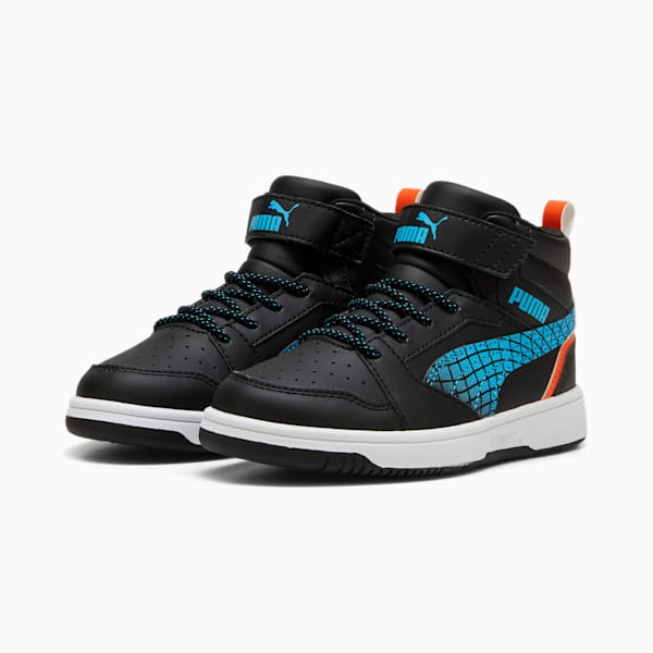 Zapatos deportivos Rebound V6 Mid para niños, PUMA Black-Flame Flicker-PUMA White, extralarge