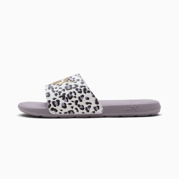 Cool Cat 2.0 Animal Big Kids' Slides, PUMA White-Gold-Pale Plum, extralarge