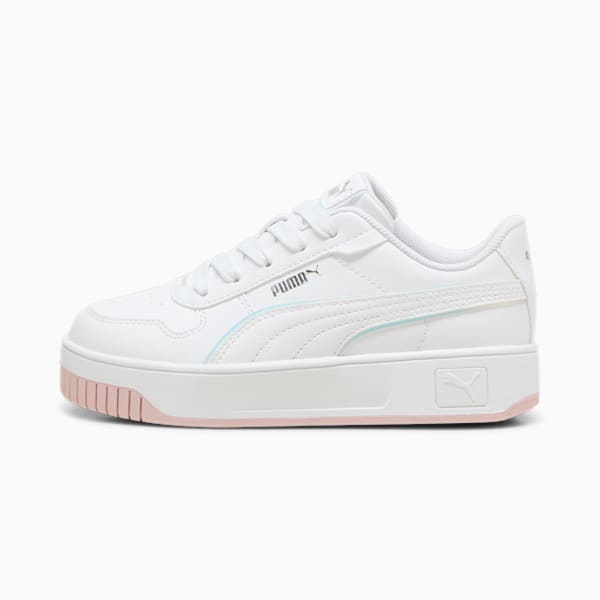 White PUMA trainer for girls with pink sole trim and lace-up fastening.