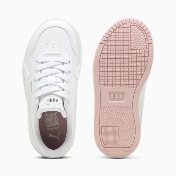 White PUMA trainer for kids, shown with a pink textured sole and lace-up fastening.