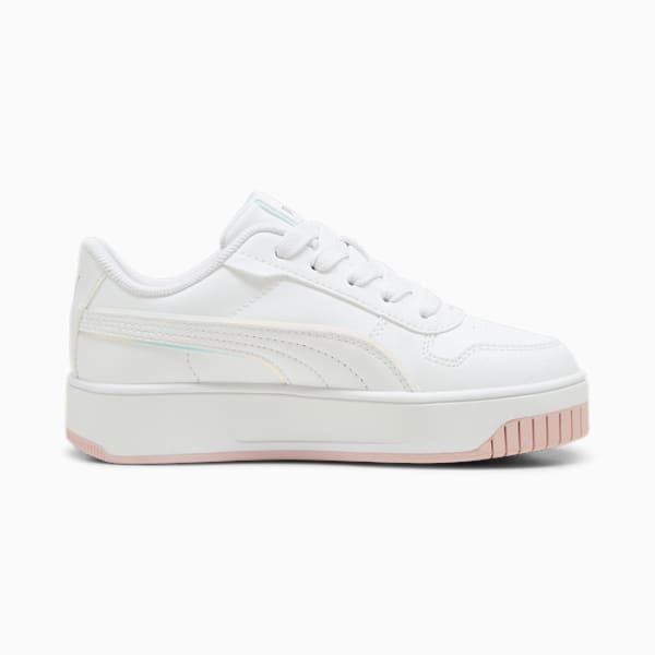 White PUMA trainer for youth, featuring a platform sole with a light pink accent.