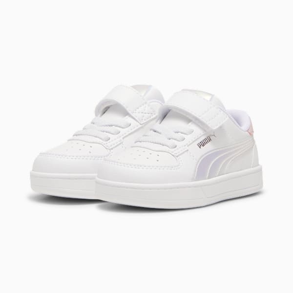 White PUMA trainers for toddlers with hook-and-loop strap and iridescent details.